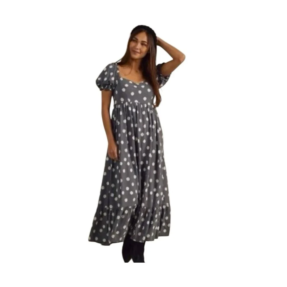 Rylee And‎ Cru Women's Linen Blend Polka Dot Dress Size S Milkmaid Coquette Grey